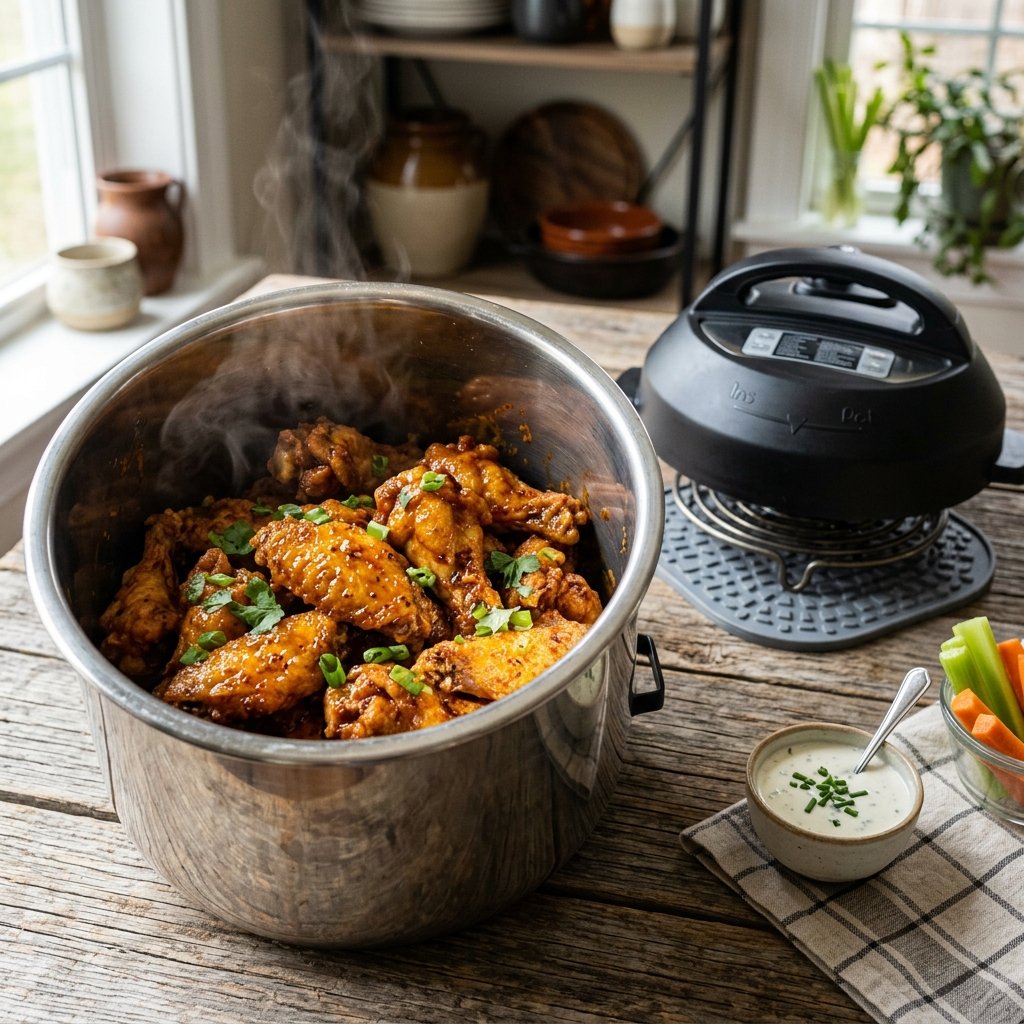 Alitas de pollo crujientes y doradas preparadas en la Instant Pot con la tapa freidora