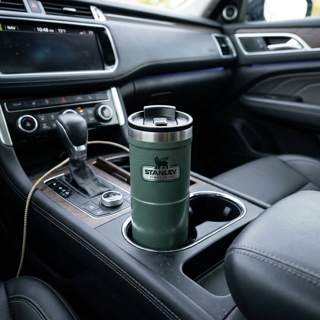Taza térmica Stanley Trigger-Action en el portavasos de un coche