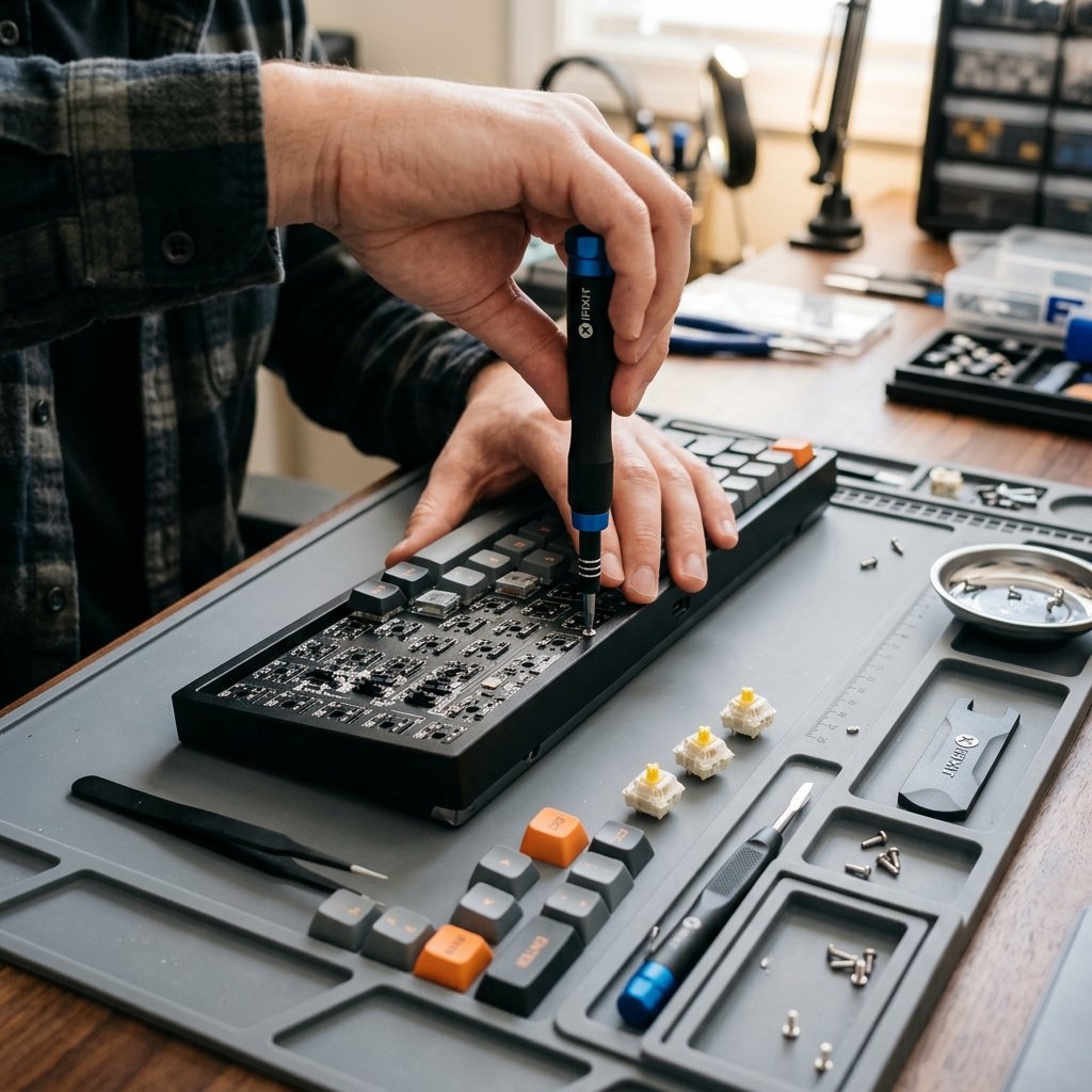 Persona utilizando las herramientas de precisión de iFixit para desarmar un teclado mecánico