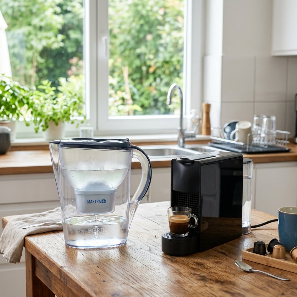 Jarra filtradora de agua Brita para evitar sarro en cafetera Nespresso