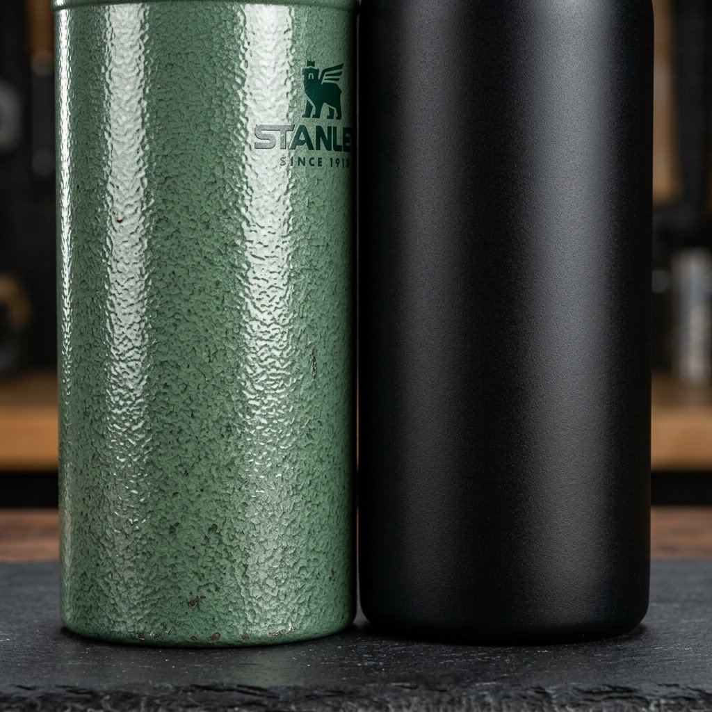 Textura de la pintura martillada verde clásica del termo Stanley