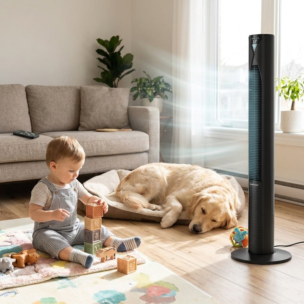 Niño pequeño y perro jugando seguros cerca del ventilador Pro Breeze sin aspas