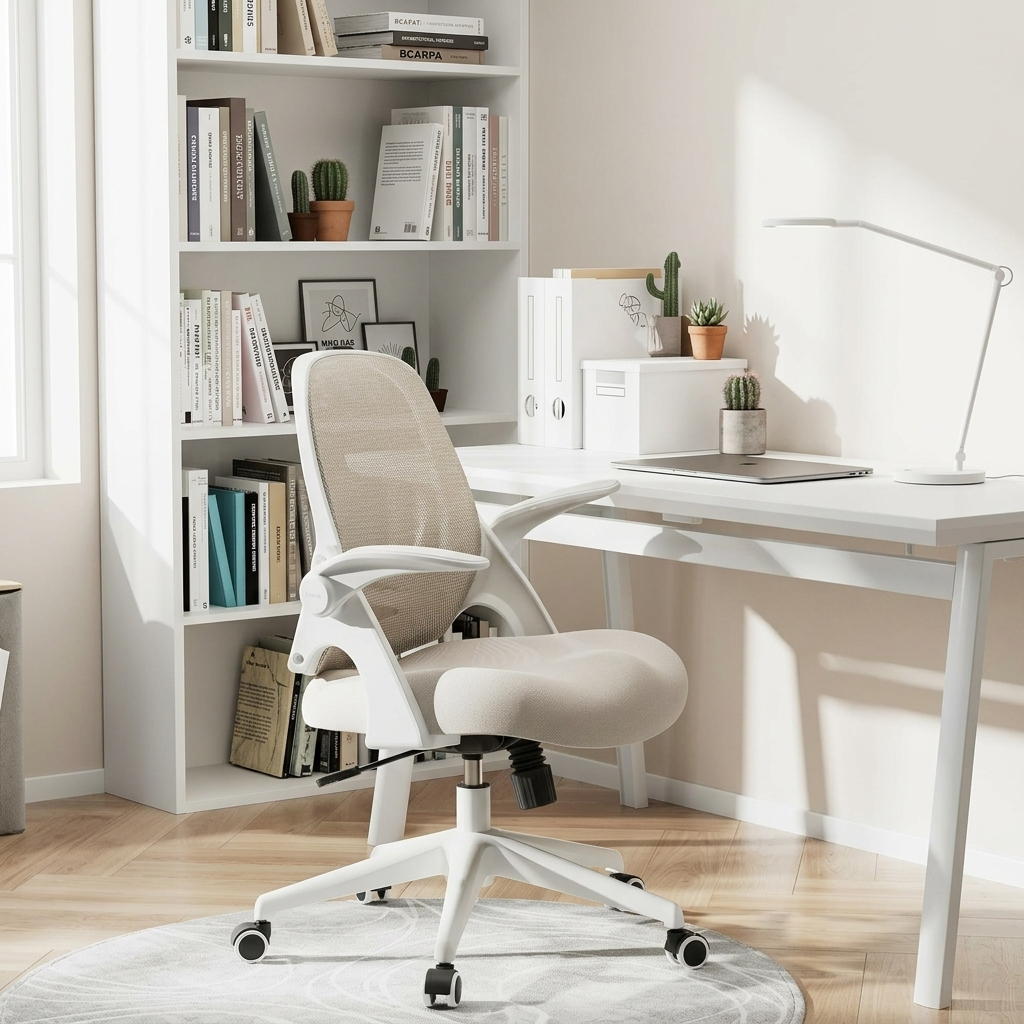 Silla de escritorio Hbada en color blanco instalada en un dormitorio de estudio luminoso