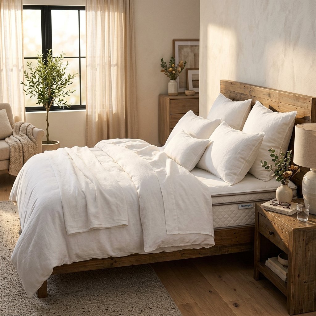 Colchón híbrido Linenspa en dormitorio principal acogedor