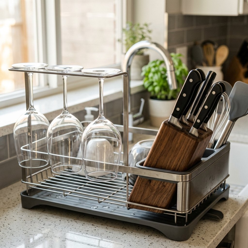 Soporte para copas de vino y bloque de cuchillos de madera del escurridor Simplehuman