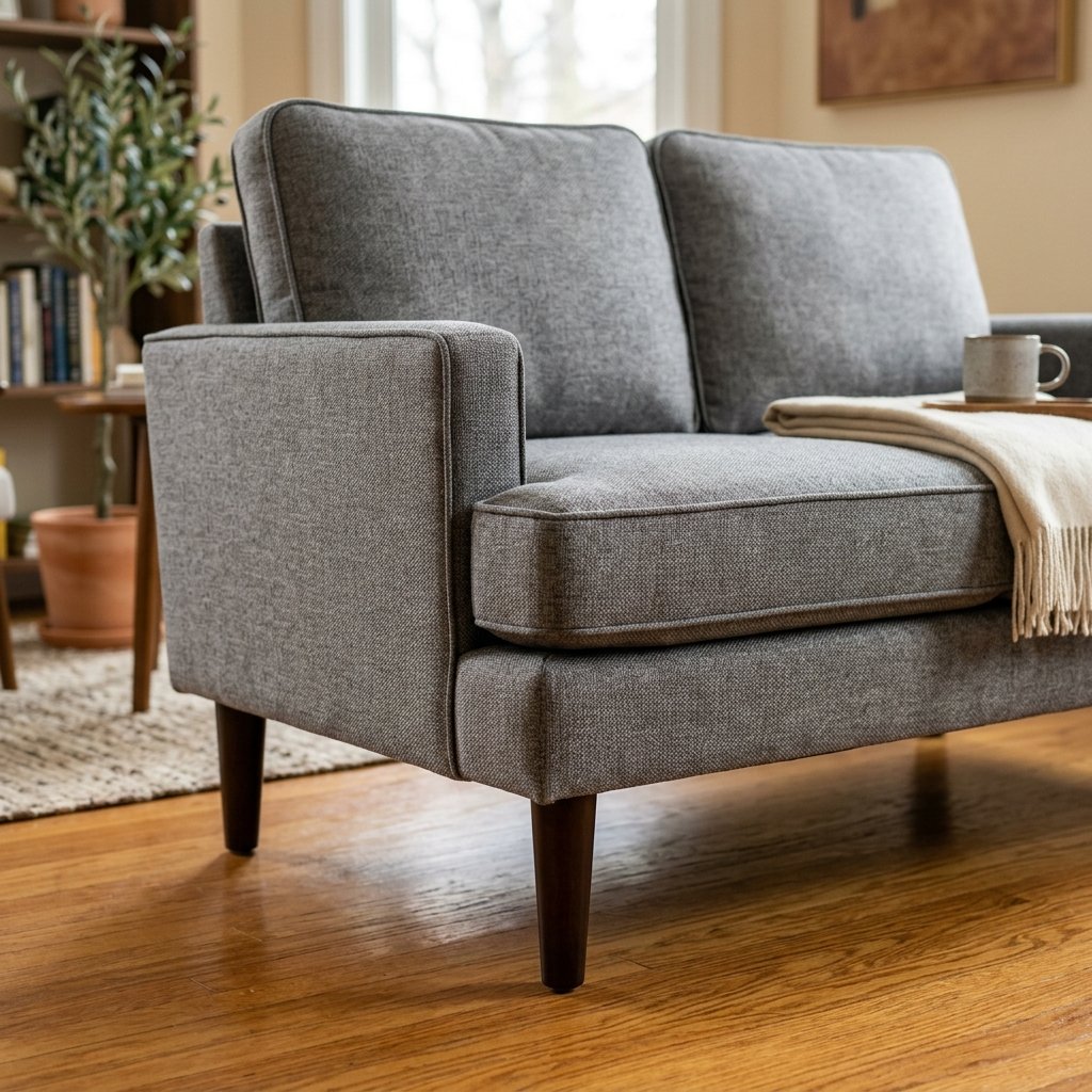 Detalle del tapizado de poliéster y patas de madera cónicas del sillón Zinus Jackie