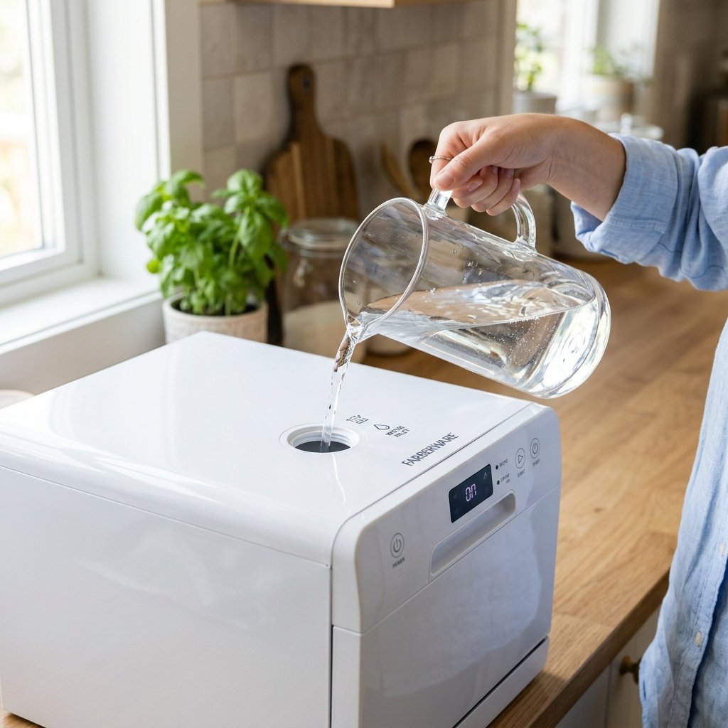 Llenado manual del depósito de agua de 5 litros del lavavajillas Farberware