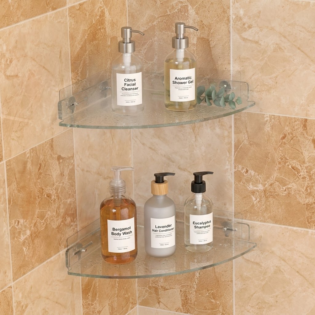Estantes esquineros de vidrio Vdomus organizados con productos de ducha
