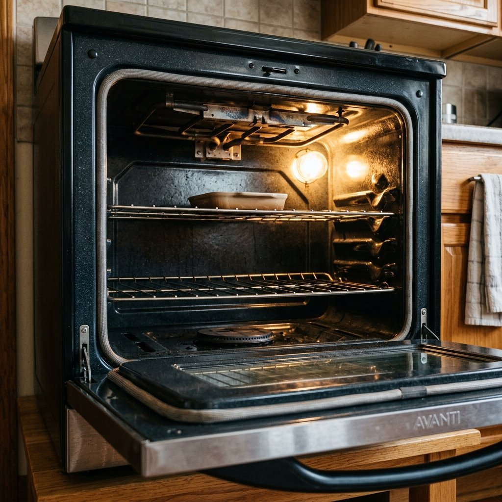 Vista frontal del horno a gas Avanti con luz encendida y puerta con acabado espejado