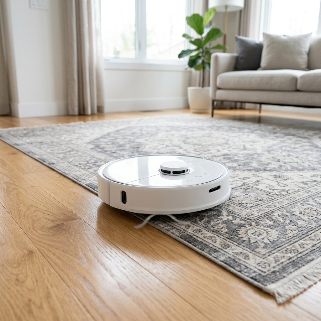 Robot aspirador limpiando sobre la alfombra de pelo corto Unique Loom Sofia