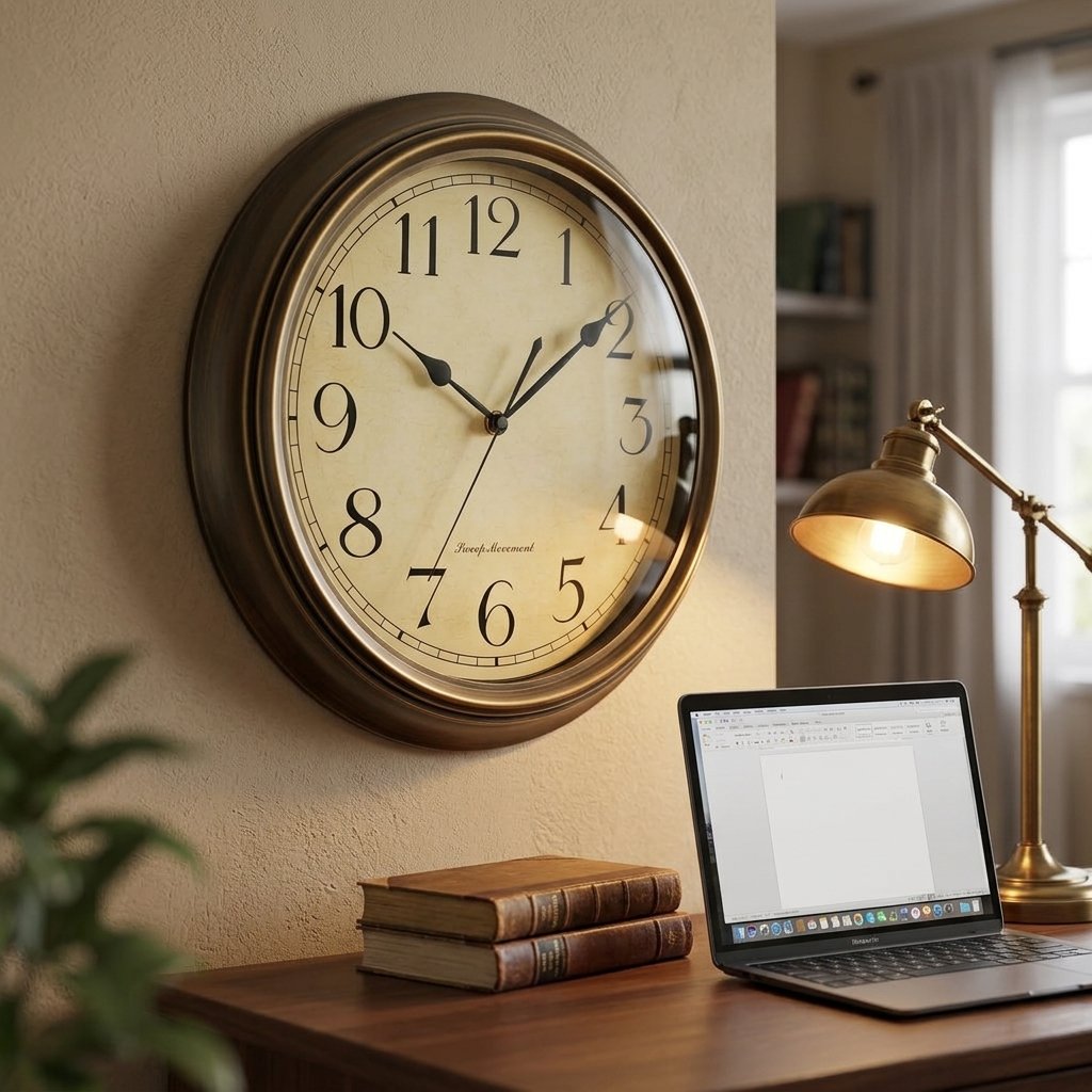 Reloj de pared silencioso Plumeet en un estudio de trabajo silencioso y acogedor