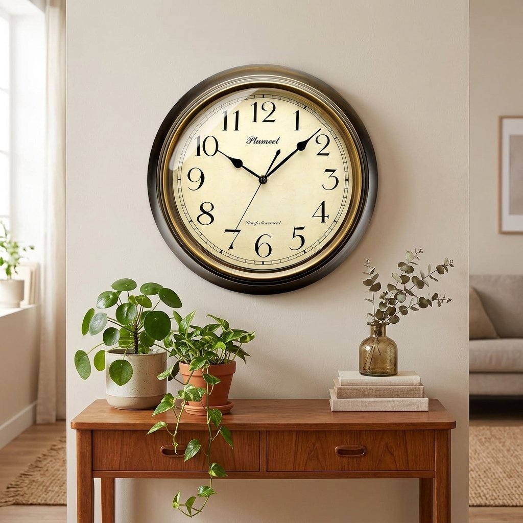 Reloj de pared Plumeet estilo retro en el salón sobre una mesa de consola