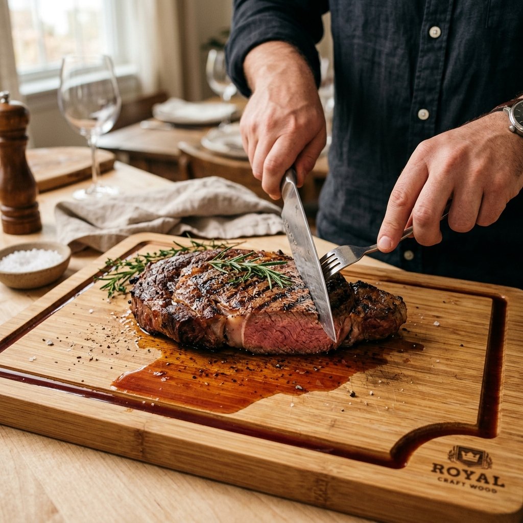 Corte de carne asada sobre la tabla de bambú Royal Craft Wood mostrando el canal de goteo