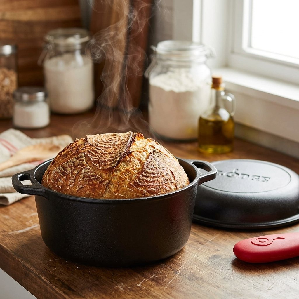 Pan de masa madre recién horneado en olla de hierro fundido Lodge