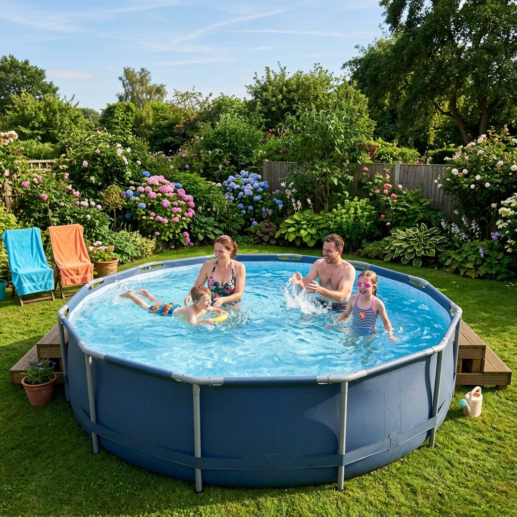 Piscina desmontable redonda Intex Metal Frame 305 instalada en un jardín soleado