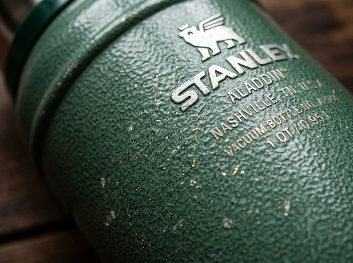Textura de la pintura martillada verde clásica del termo Stanley