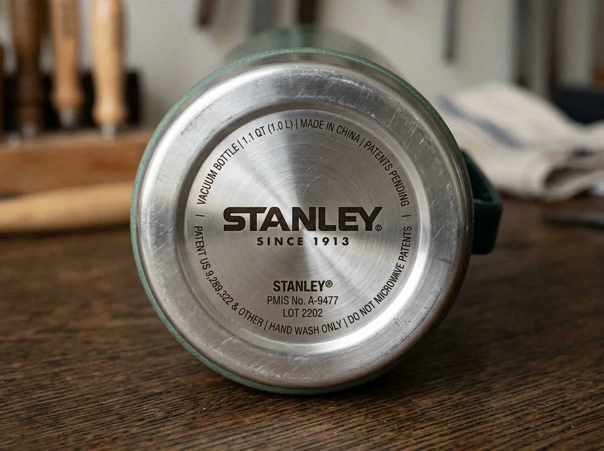Grabado e identificaciones en la base metálica del termo Stanley Classic original