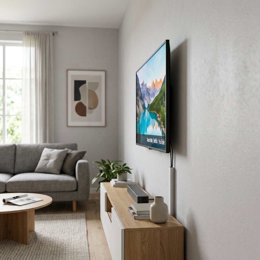 Vista de perfil y montaje en pared del Smart TV compacto Insignia 32