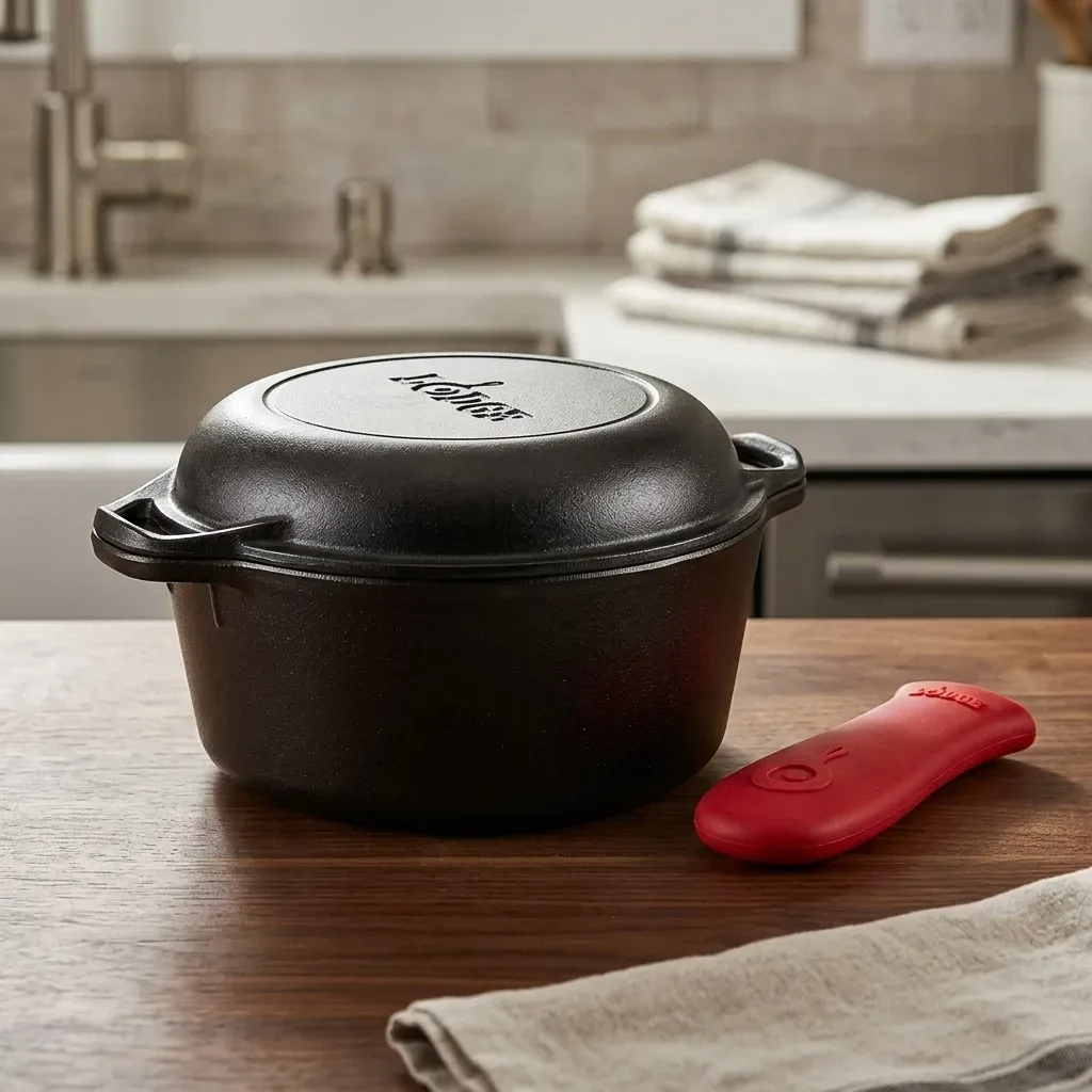Olla de hierro fundido Lodge Double Dutch Oven de 5 Qt con agarradera de silicona roja