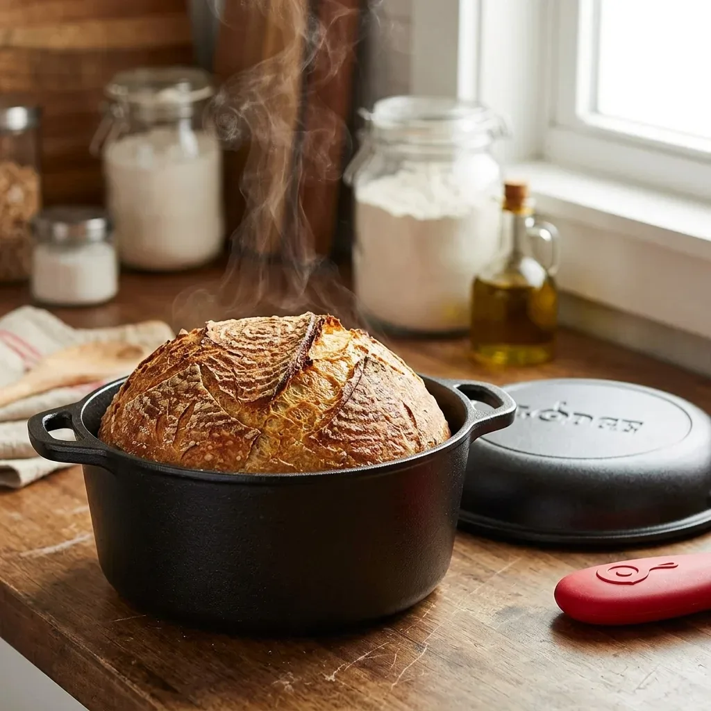 Pan de masa madre recién horneado en olla de hierro fundido Lodge