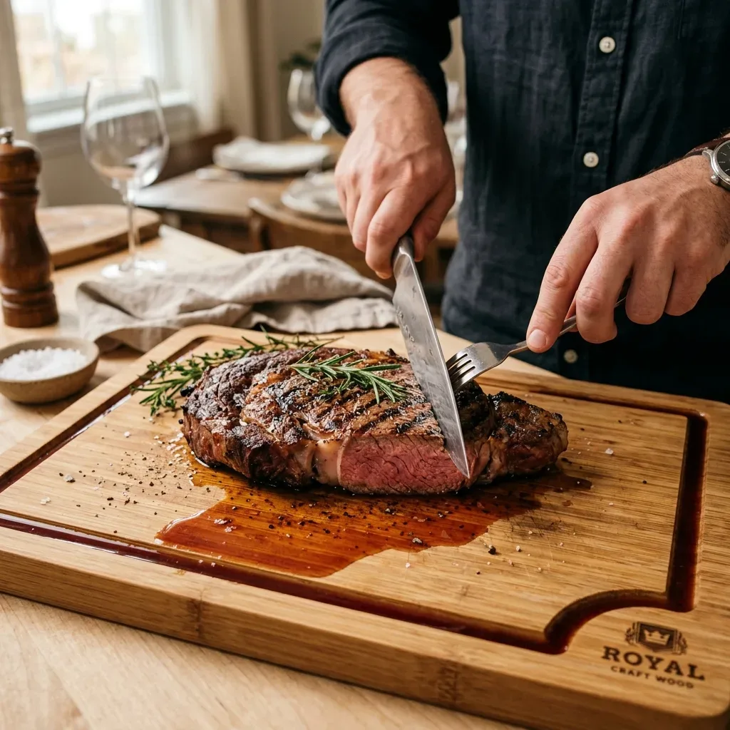 Corte de carne asada sobre la tabla de bambú Royal Craft Wood mostrando el canal de goteo